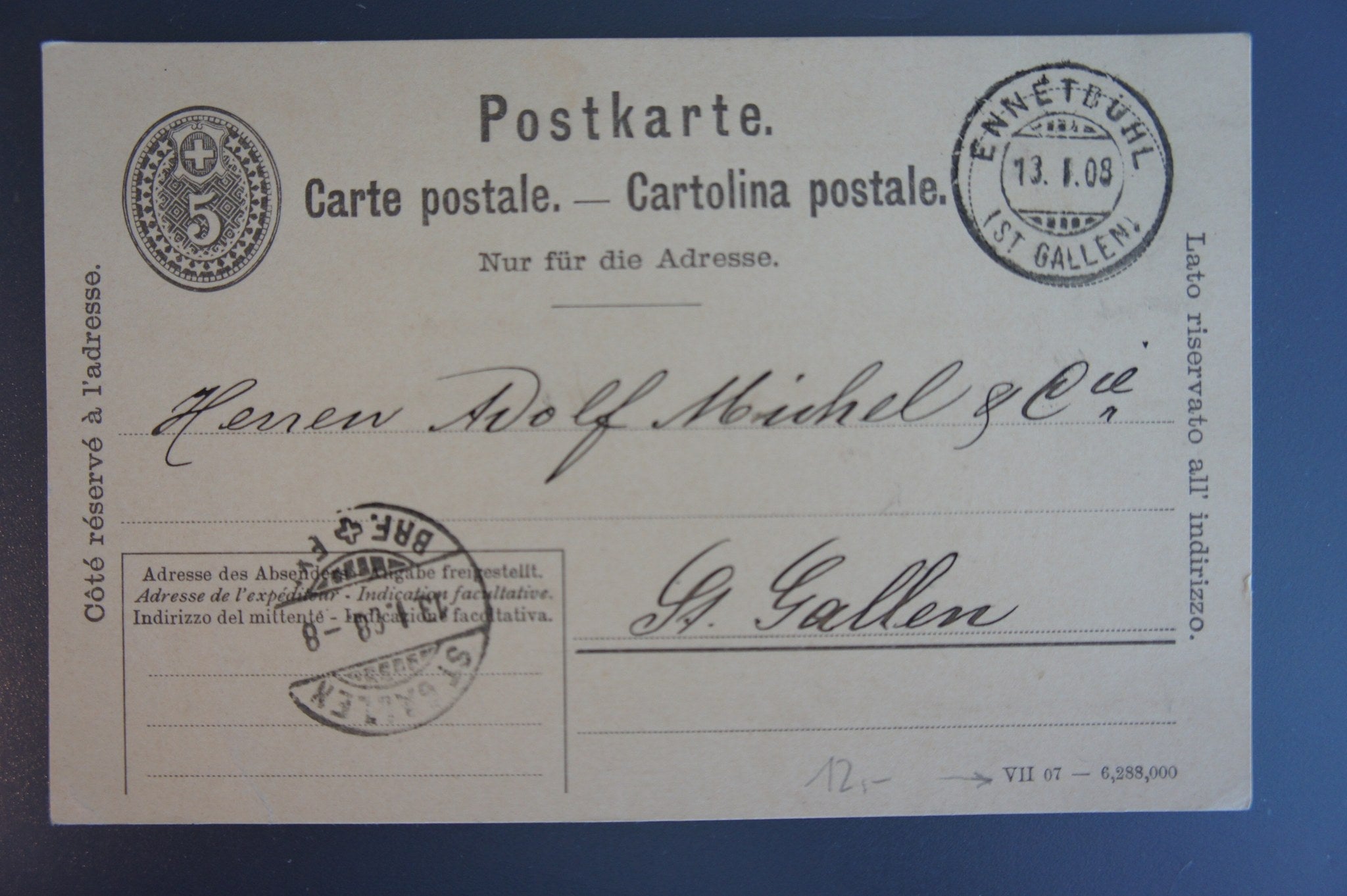 CH - Postkarte - Ennetbühl nach St. Gallen