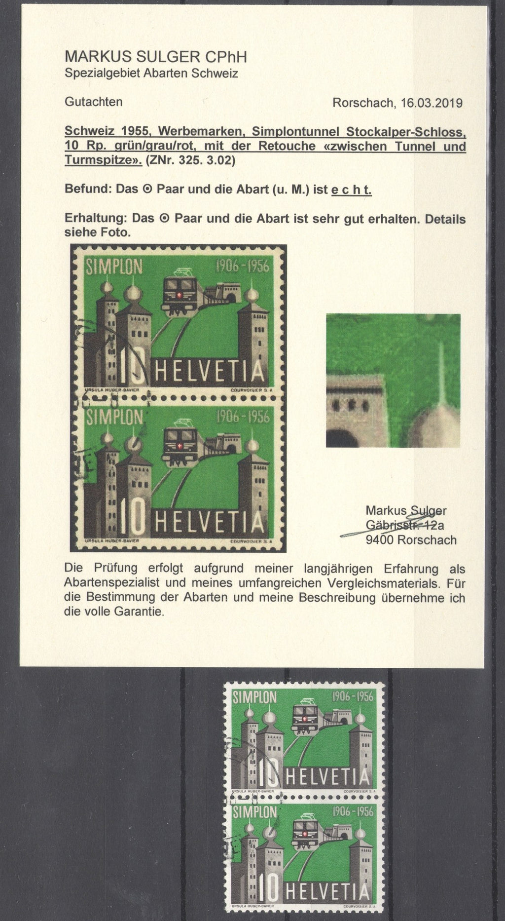 CH - Abarten - SBK Nr. 325.3.02 - Ret. zw. Tunnel - Attest
