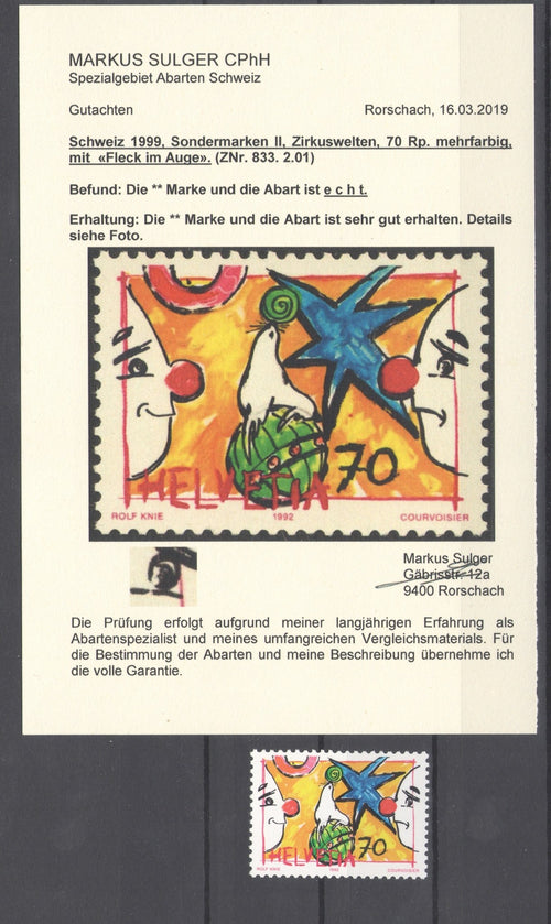 CH - Abarten - SBK Nr. 833.2.01 - Fleck im Auge - Attest