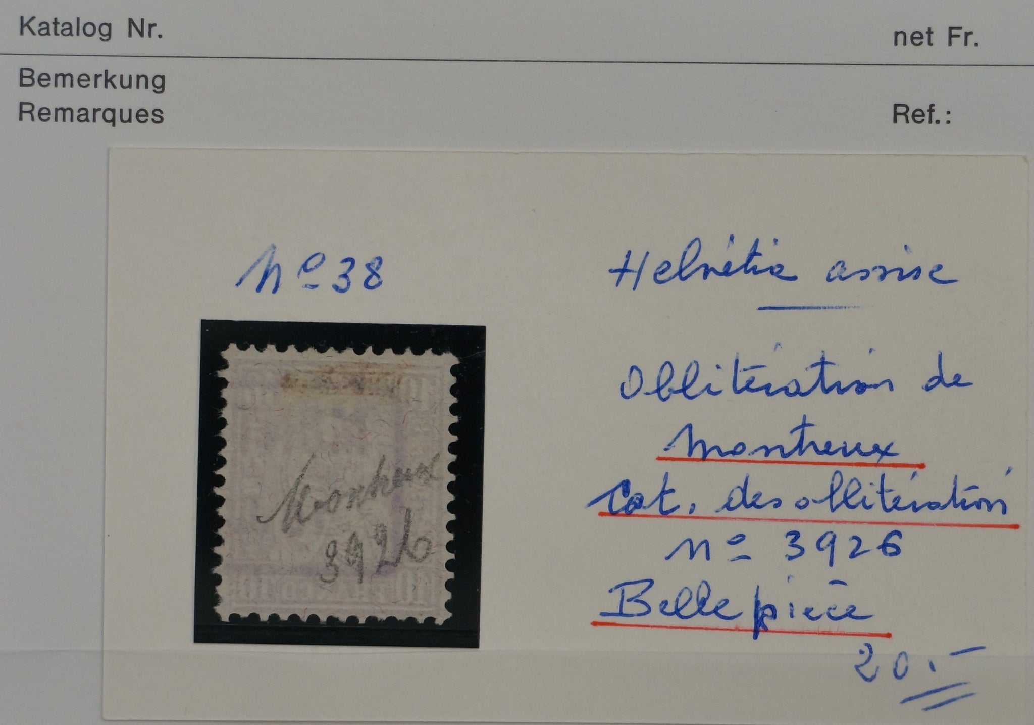 CH - Sitz. Helvetia - SBK Nr. 38 - Stabstempel Montreux