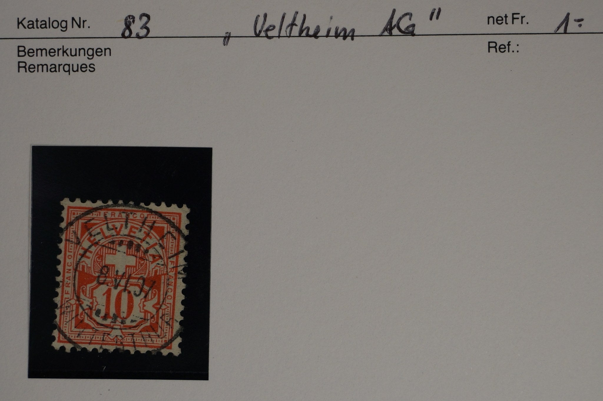 CH - Ziffermuster - SBK Nr. 83 - Vollstempel Veltheim AG