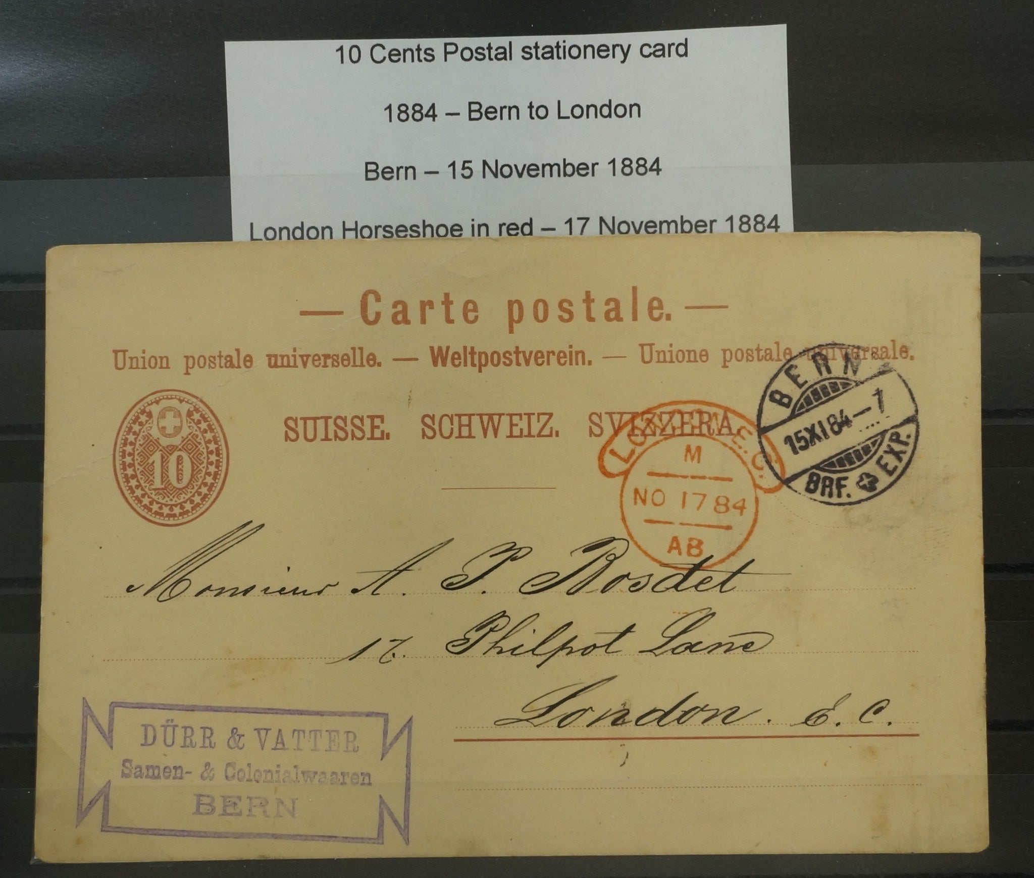 CH - Postkarte - Bern nach London - siehe Stempel