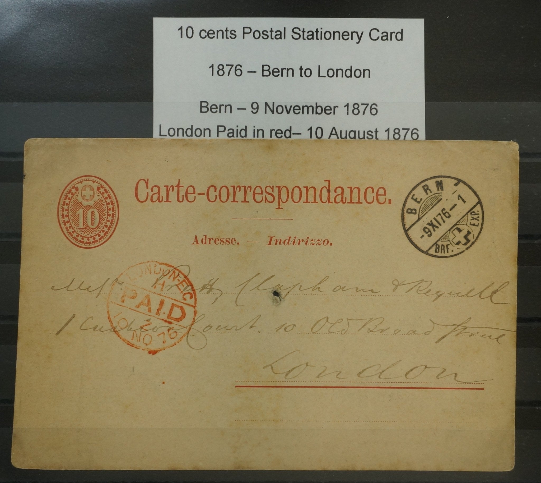 CH - Postkarte - Bern nach London - Stempel PAID