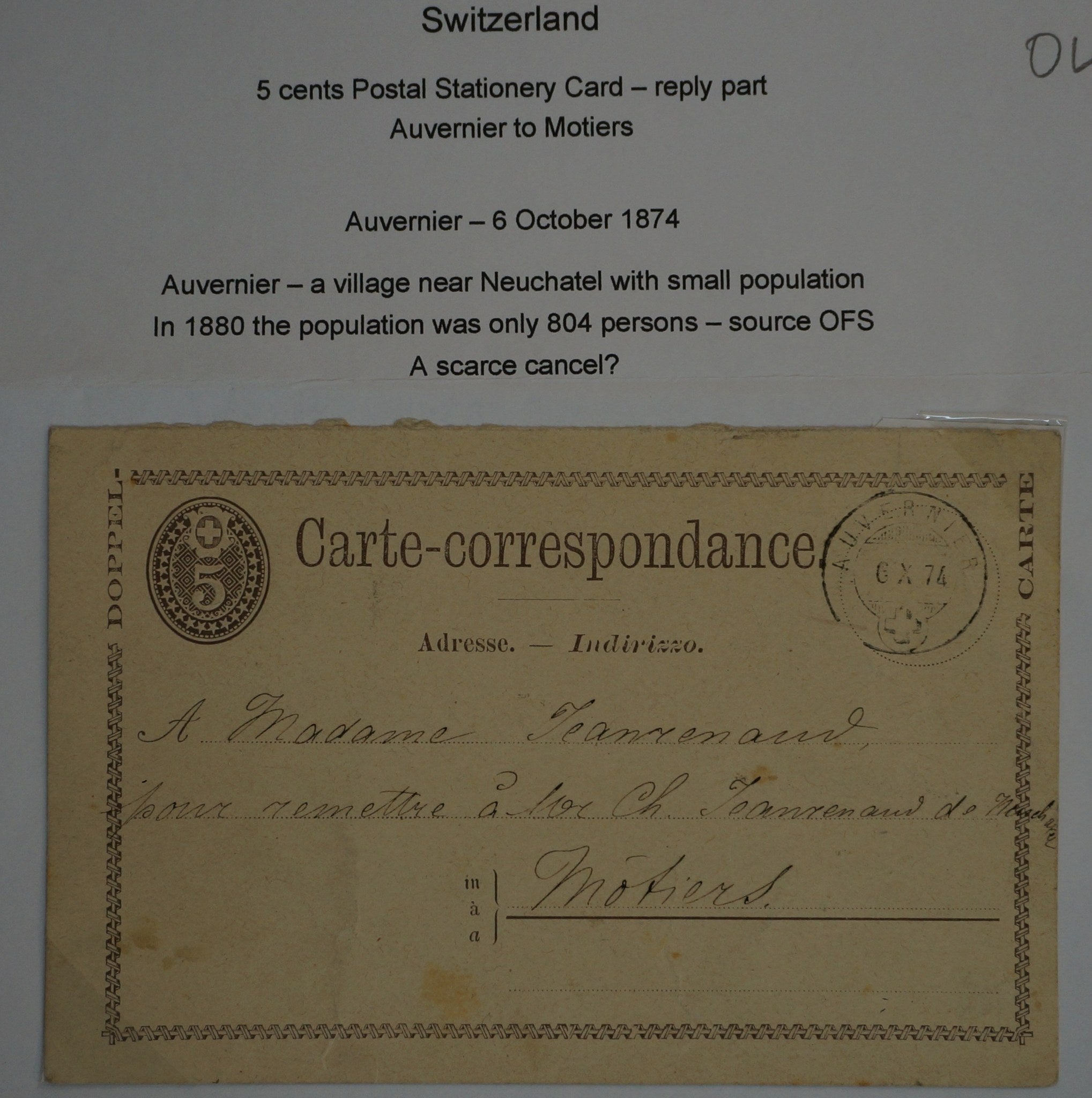 CH - Postkarte - Postkarte von Auvenier nach Motiers