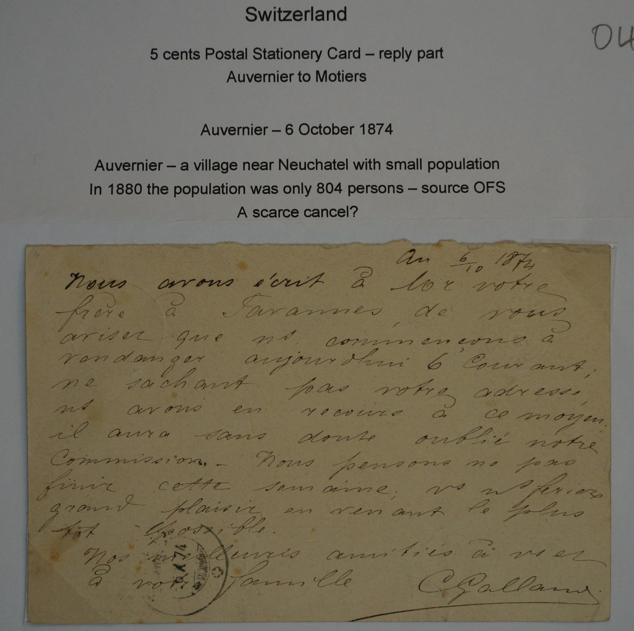CH - Postkarte - Postkarte von Auvenier nach Motiers