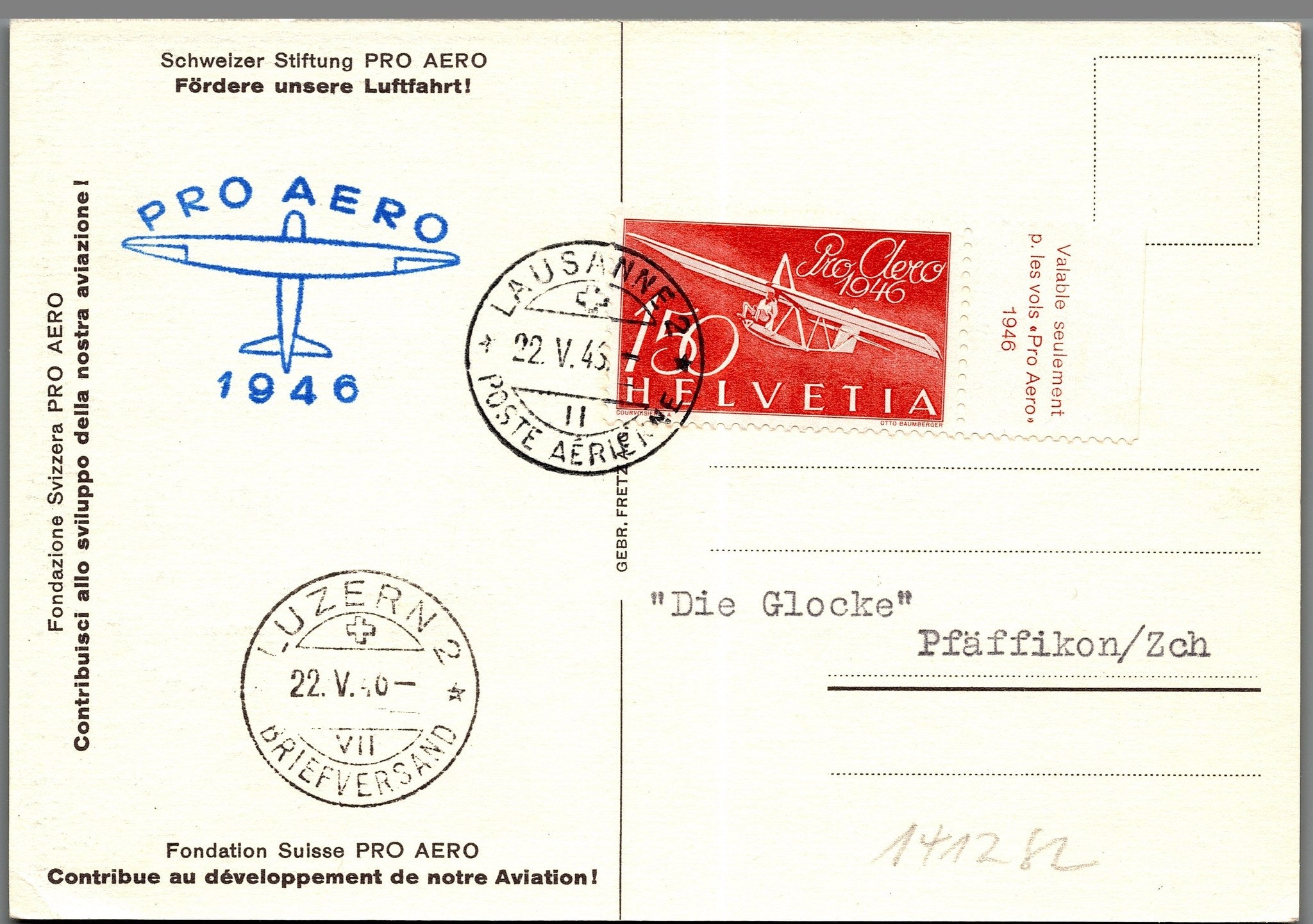 CH - Flugpost - Pro Aero AK's mit Zst. Nr. F41 - selten (1)
