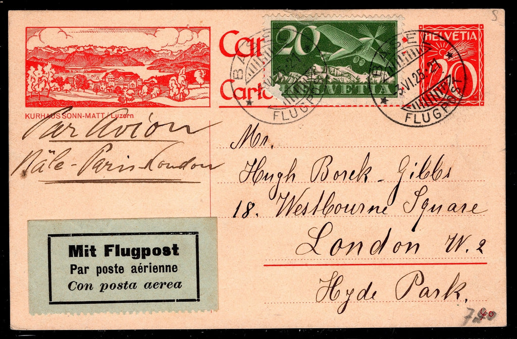 CH - Flugpost - Postkarte von 1925 nach London  Hyde Park