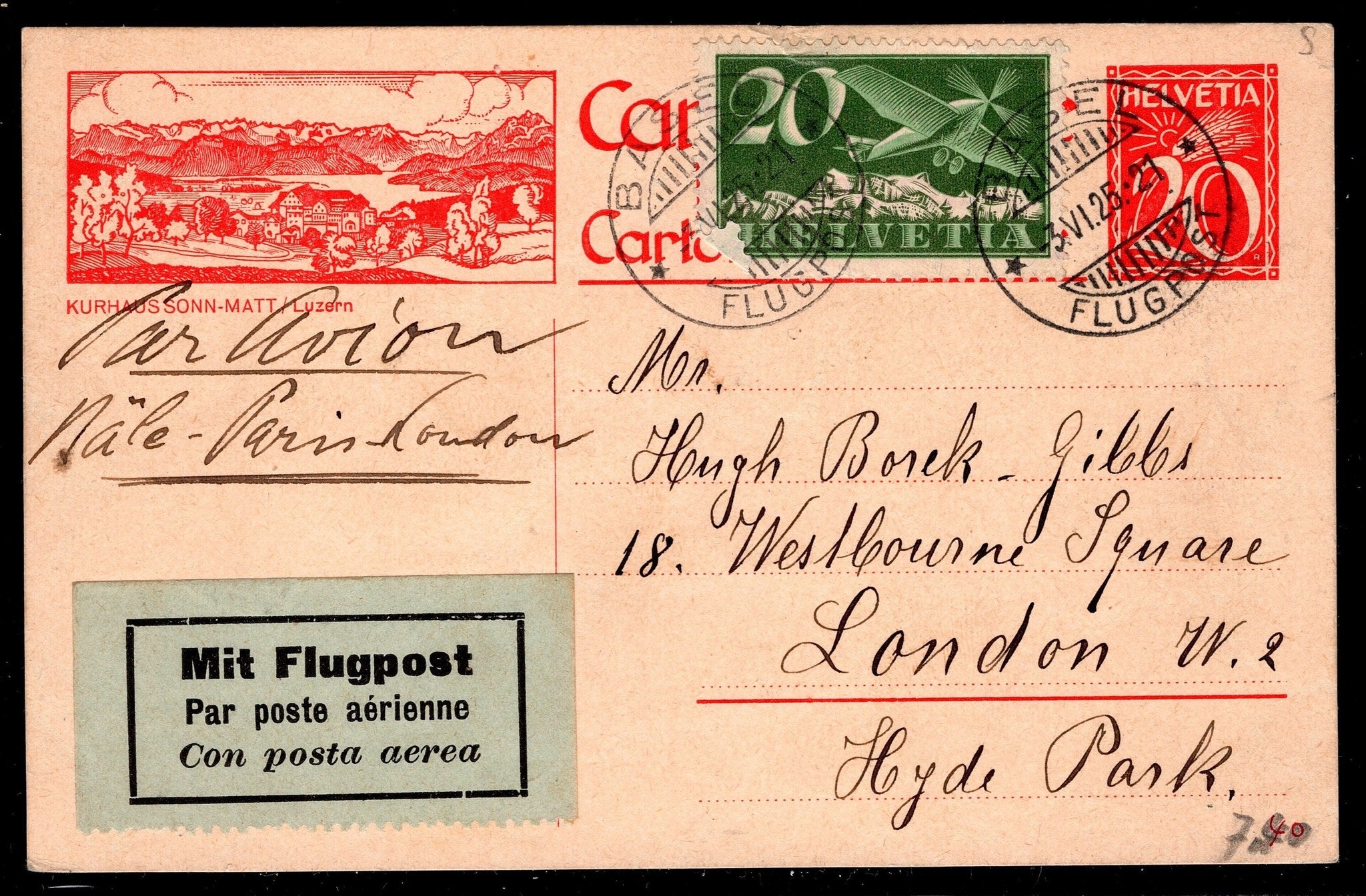 CH - Flugpost - Postkarte von 1925 nach London  Hyde Park