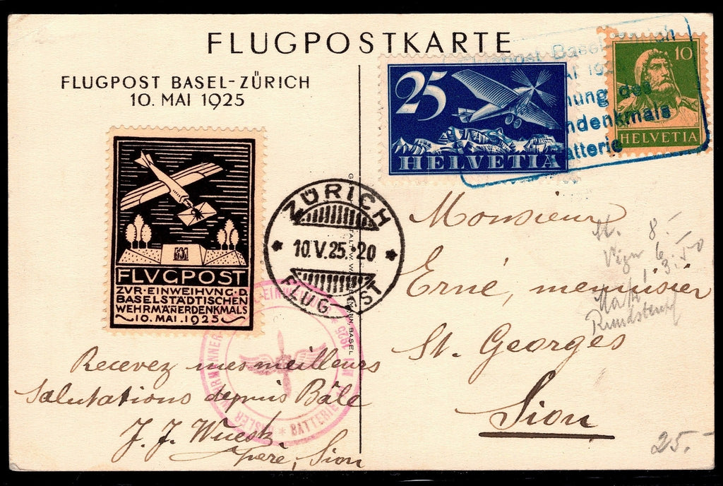 CH - Flugpost - Sonderflug - SF 25.2b auf Flug PK + Vignette