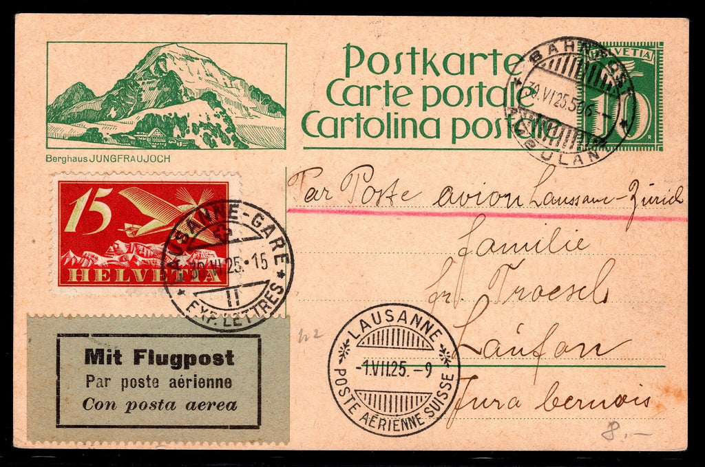 CH - Flugpost - Postkarte n. Laufen mit Zusatzfrankatur