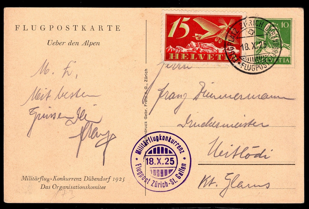 CH - Flugpost - Sonderflug - SF 25.9a - Brief n. Mitlödi