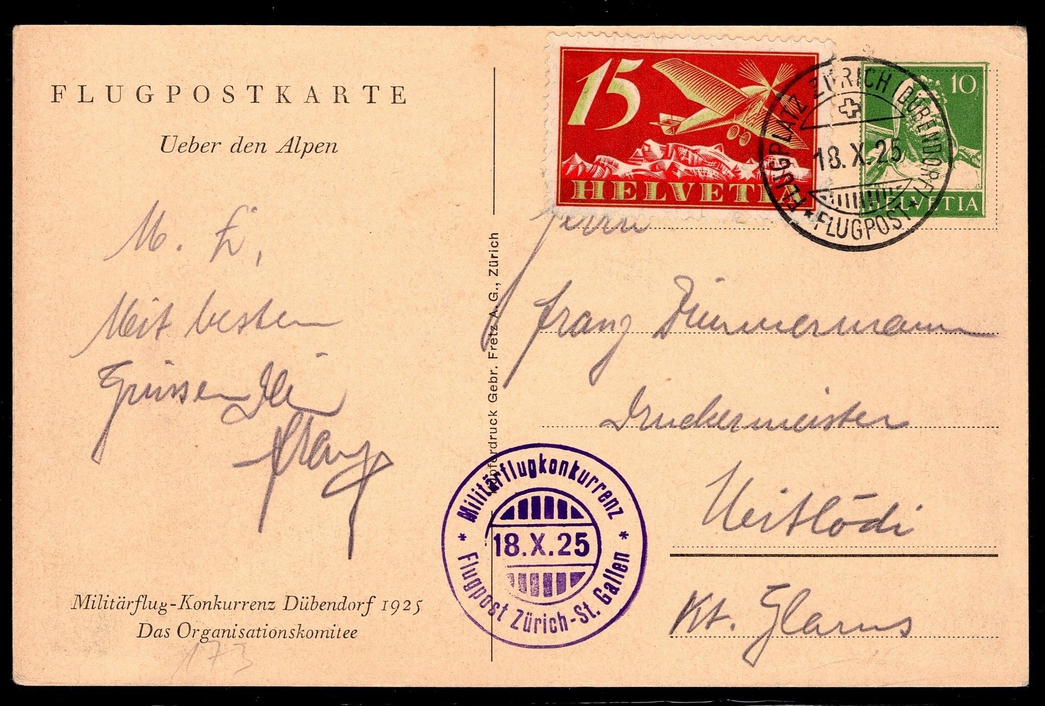 CH - Flugpost - Sonderflug - SF 25.9a - Brief n. Mitlödi