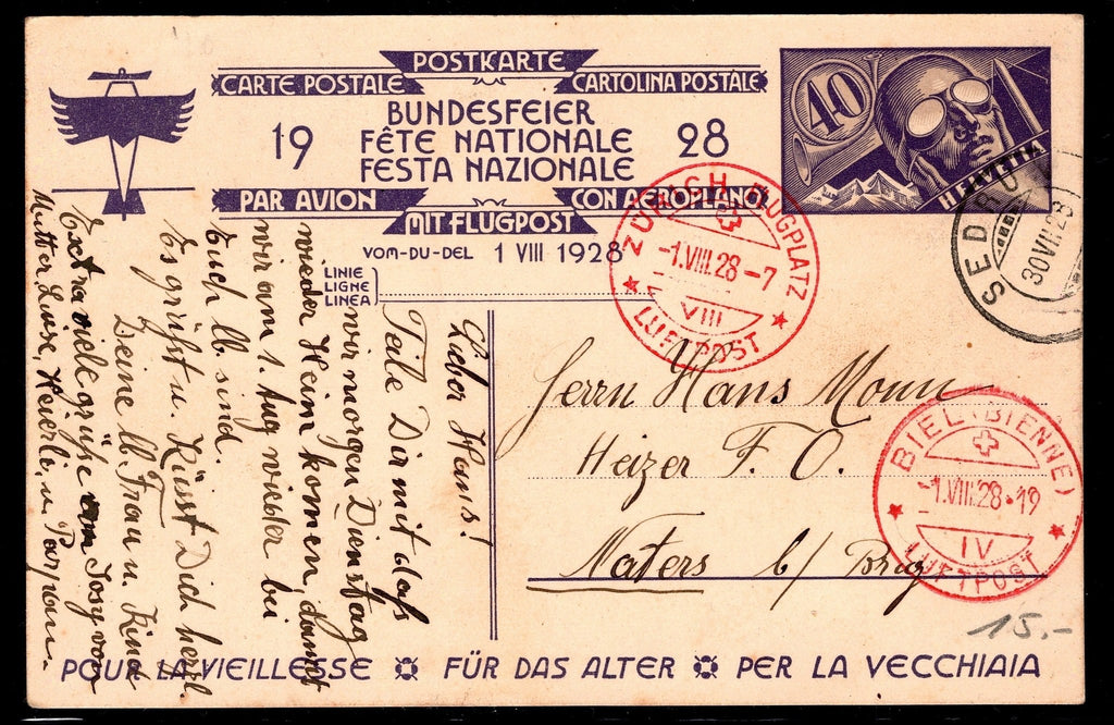 CH - Flugpost - Bundesfeierkarte Nr. 48II - entw. 1.8.28¨