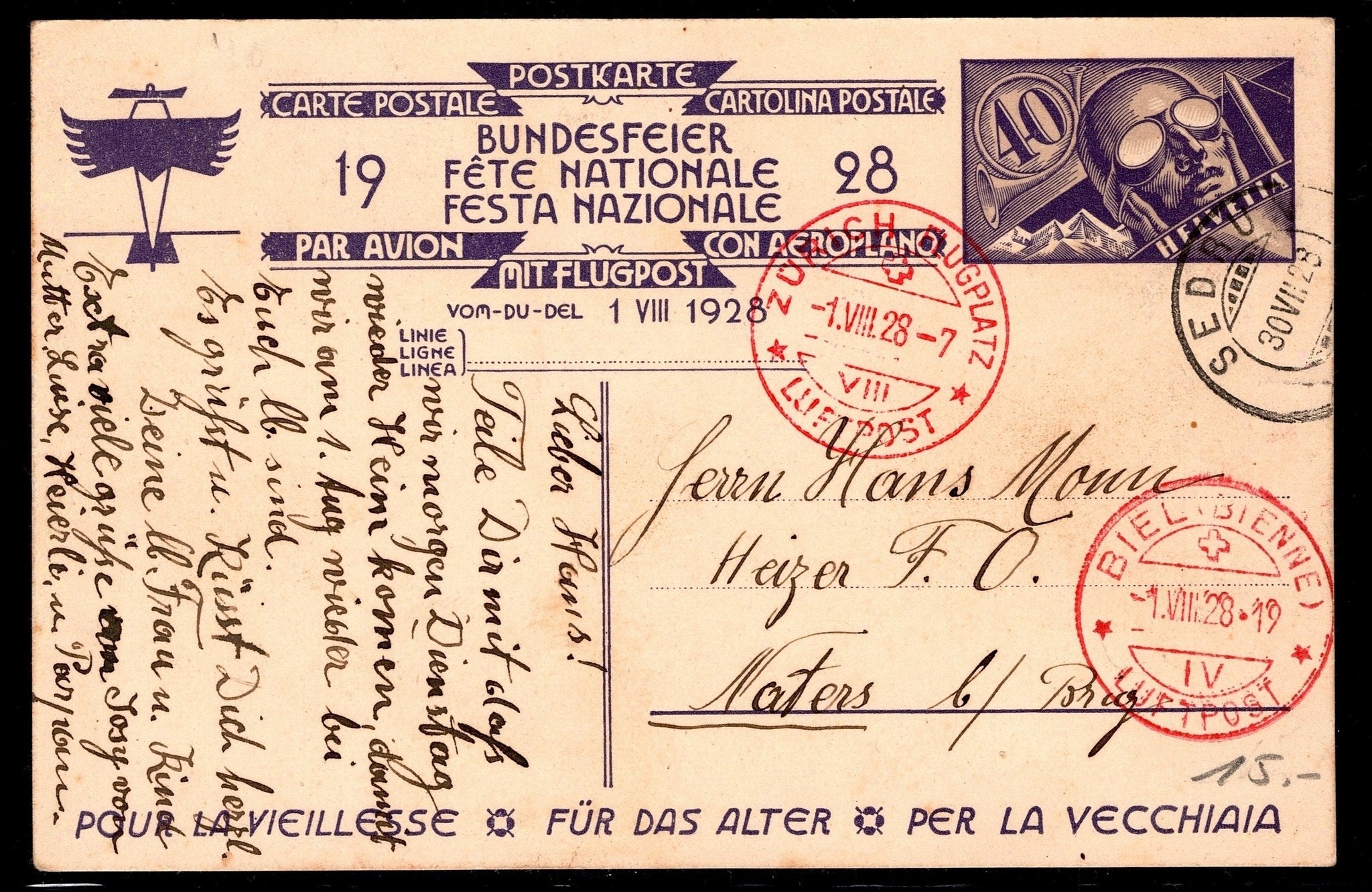 CH - Flugpost - Bundesfeierkarte Nr. 48II - entw. 1.8.28¨