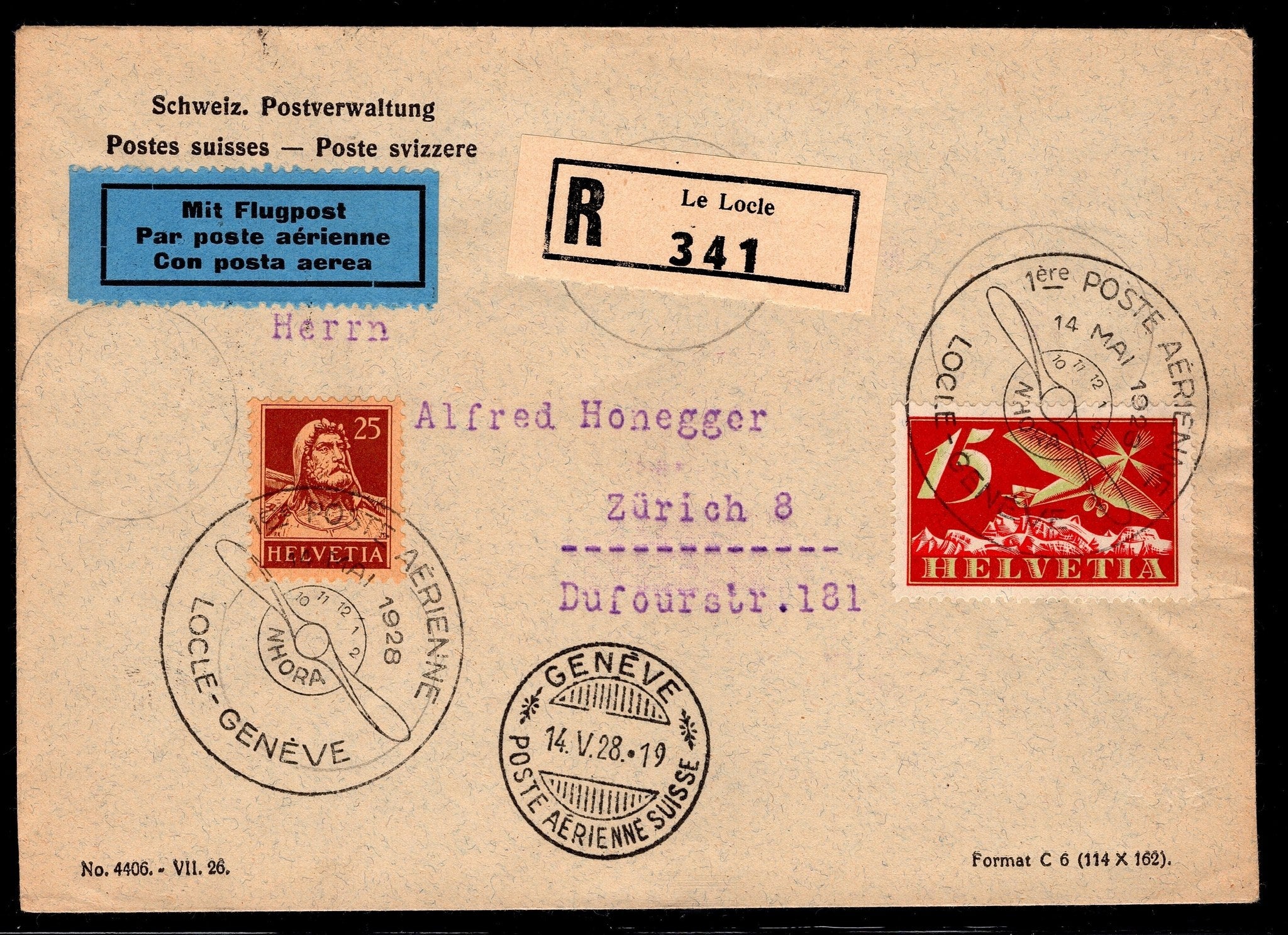 CH - Flugpost - regelm. Flug - RF 28.10a - Brief m. ZF